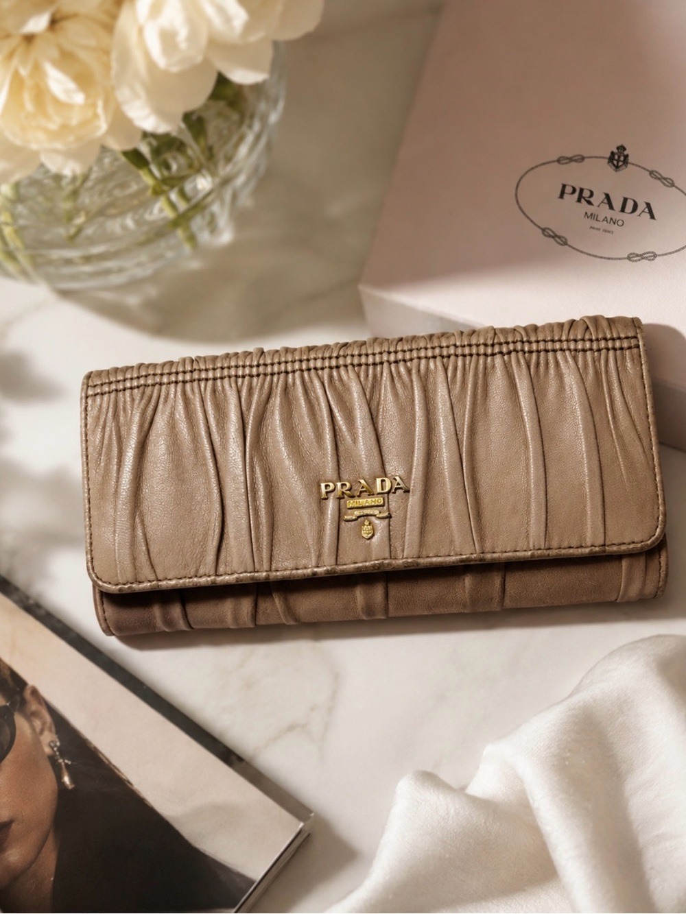 PRADA Beige Gaufre Nappa Leather Long Wallet Gold Logo Continental Wallet